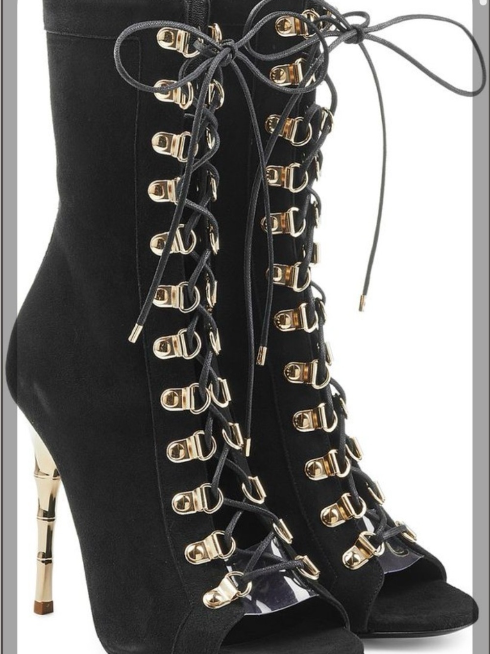Balmain Paris Black Suede Bamboo Heel Lace-Up Booties 38
